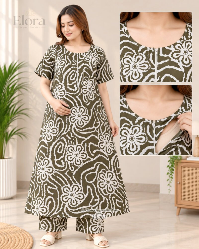 Premium Linen Olive Green Batik Printed Feeding & Maternity Maxi Set