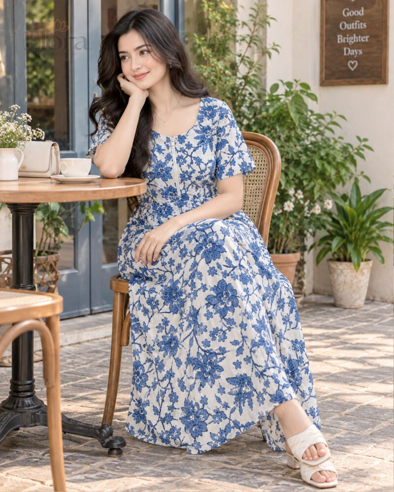 Premium Linen Blue Floral Printed Gown Set