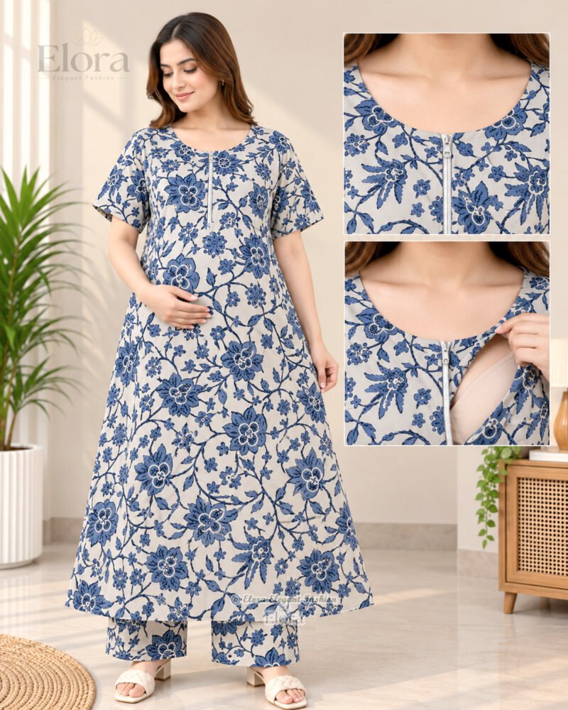 Premium Linen Blue Floral Printed Gown Set - Image 2