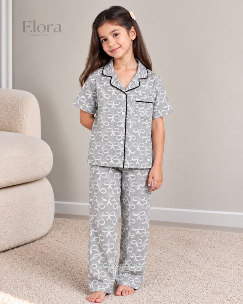 Elora Kids Soft Ash & Pearl Bow Pyjama Set