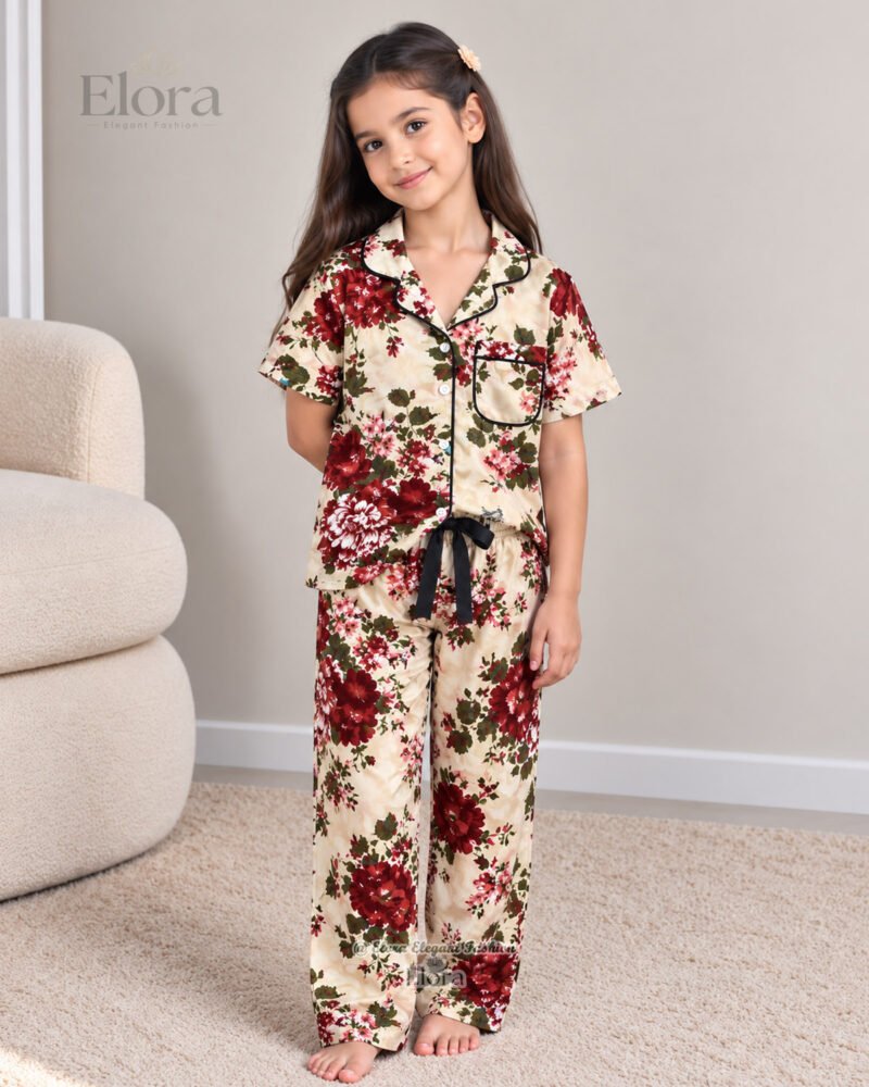 Elora Junior Cream Vintage Crimson Floral PJ Set