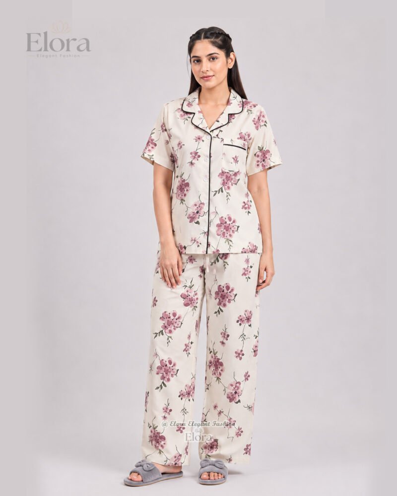 Elora Luxe White Cream Dusty Rose PJ Set - Image 2
