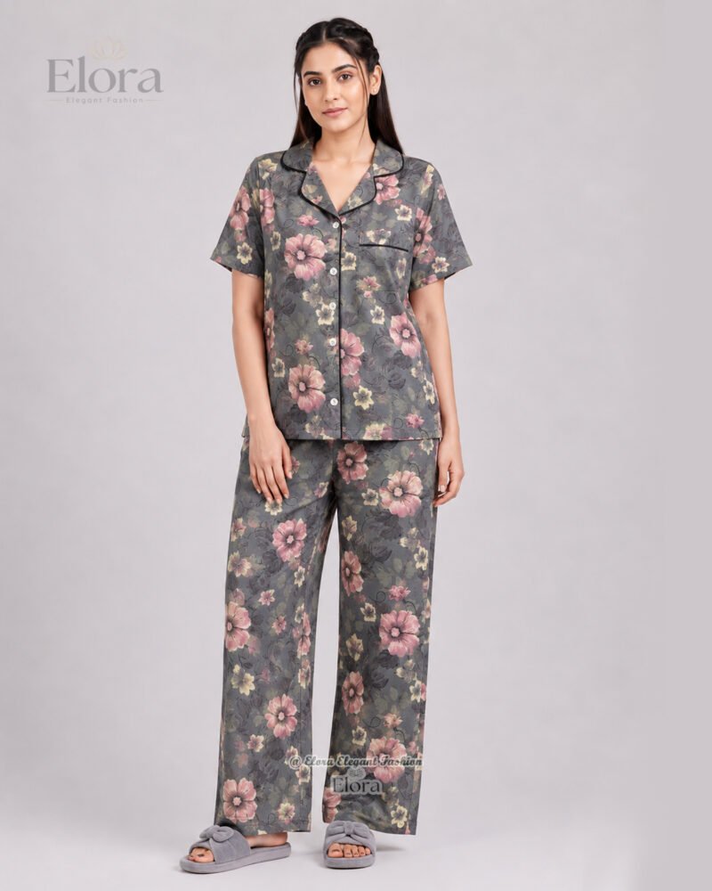Elora Luxe Charcoal Dusty Rose Floral PJ Set - Image 2