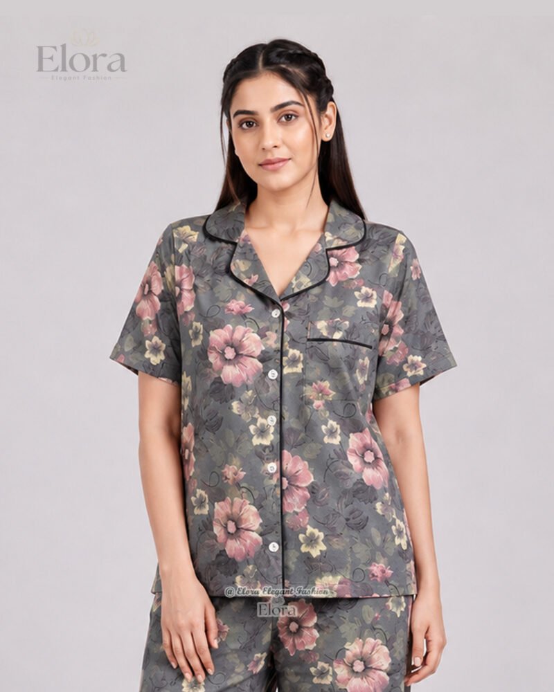 Elora Luxe Charcoal Dusty Rose Floral PJ Set