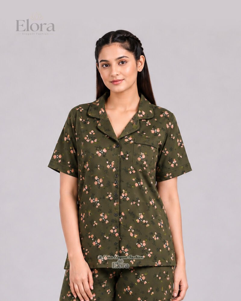 Elora Luxe Olive Peach Ditsy Floral PJ Set