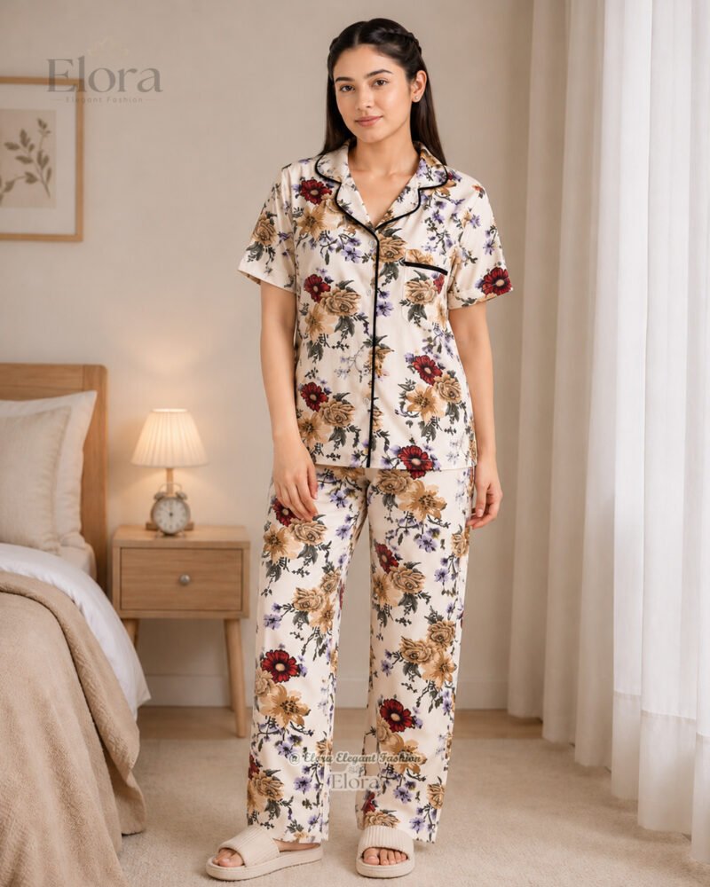 Elora Luxe Cream Burgundy Tapestry PJ Set - Image 2
