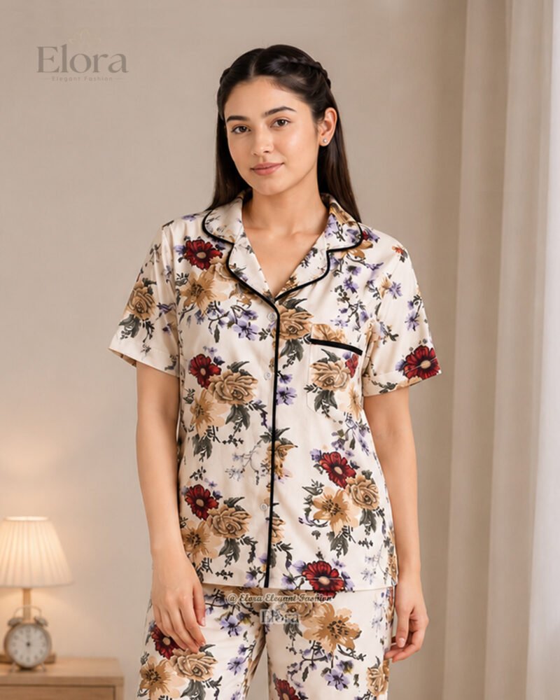 Elora Luxe Cream Burgundy Tapestry PJ Set