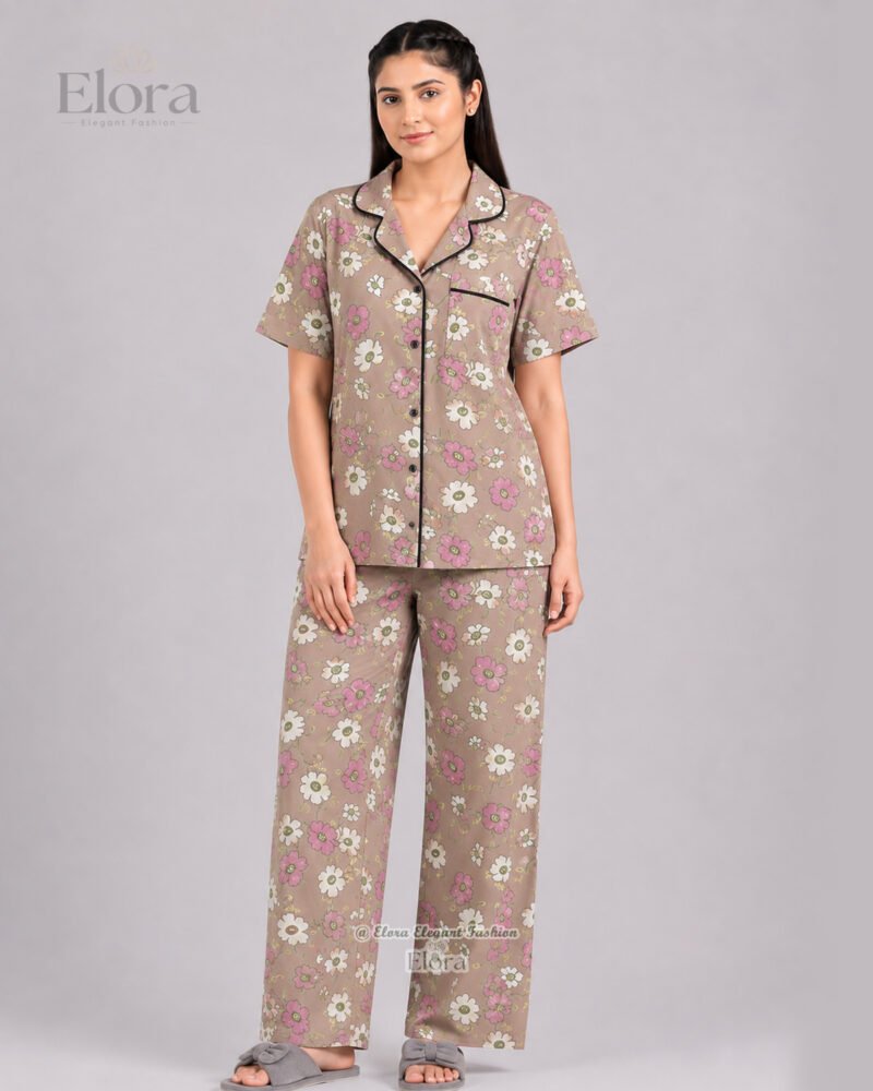 Elora Luxe Taupe Daisy Bloom PJ Set - Image 2