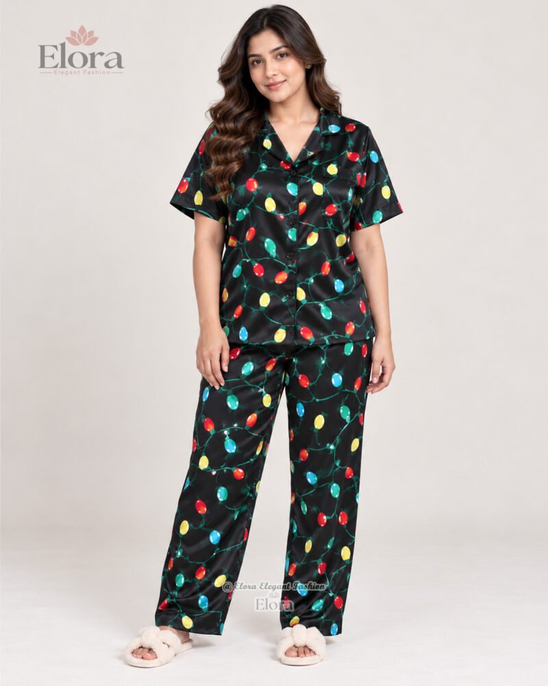 Elora Luxe Plus Size Midnight Black Holiday Lights PJ Set
