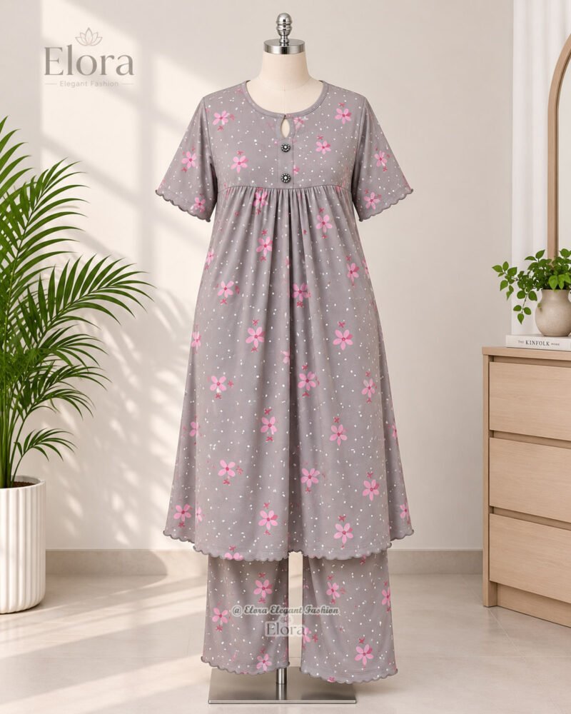 Elora Plus Size Floral Cotton Tunic Set – Grey