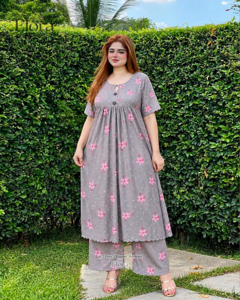 Elora Plus Size Floral Cotton Tunic Set – Grey - Image 2