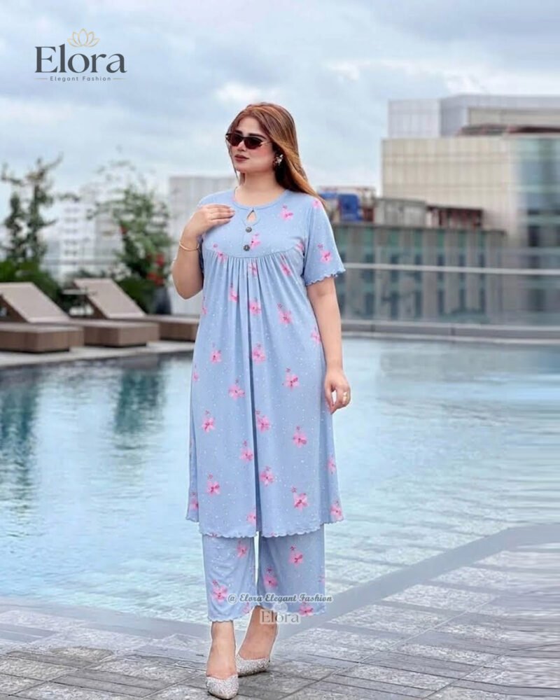 Elora Plus Size Floral Cotton Tunic Set with Plaju – Light Blue - Image 2