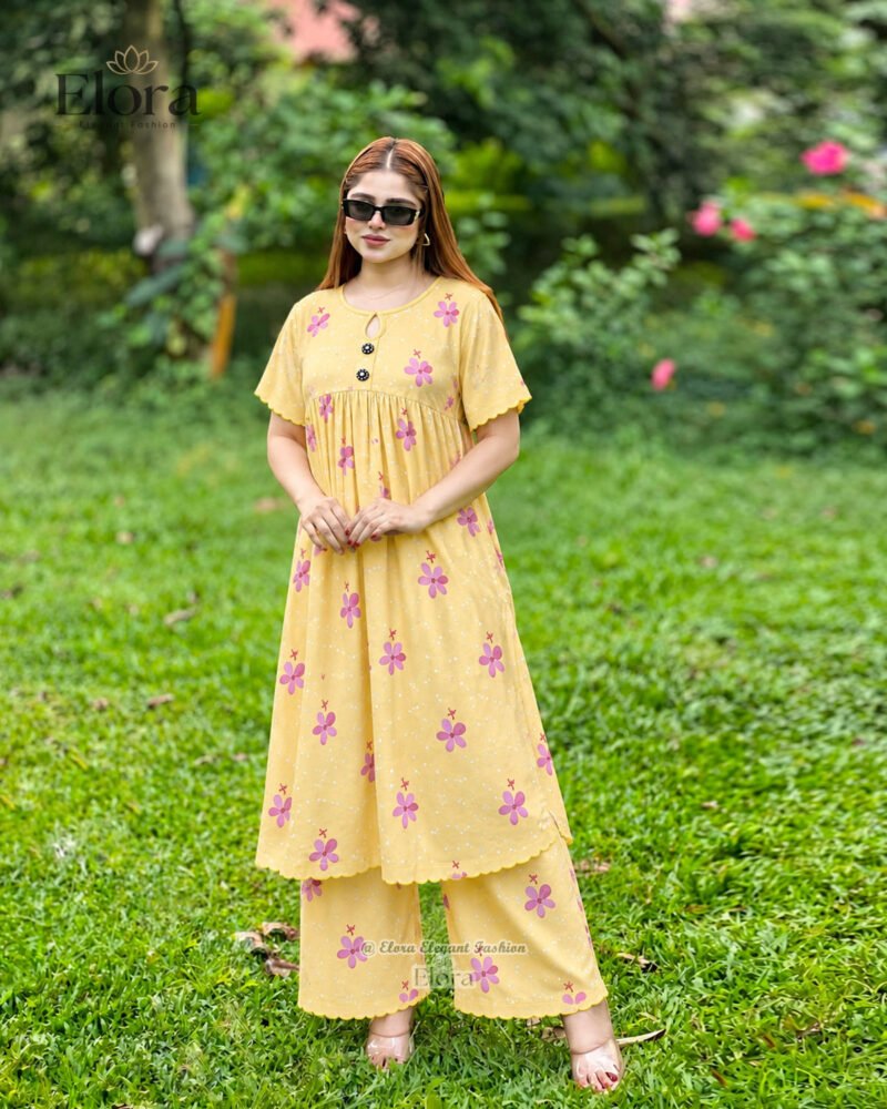 Elora Plus Size Floral Cotton Tunic Set with Plaju – Pastel Yellow
