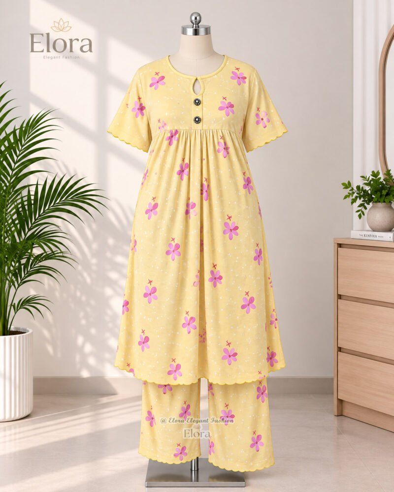 Elora Plus Size Floral Cotton Tunic Set with Plaju – Pastel Yellow - Image 2