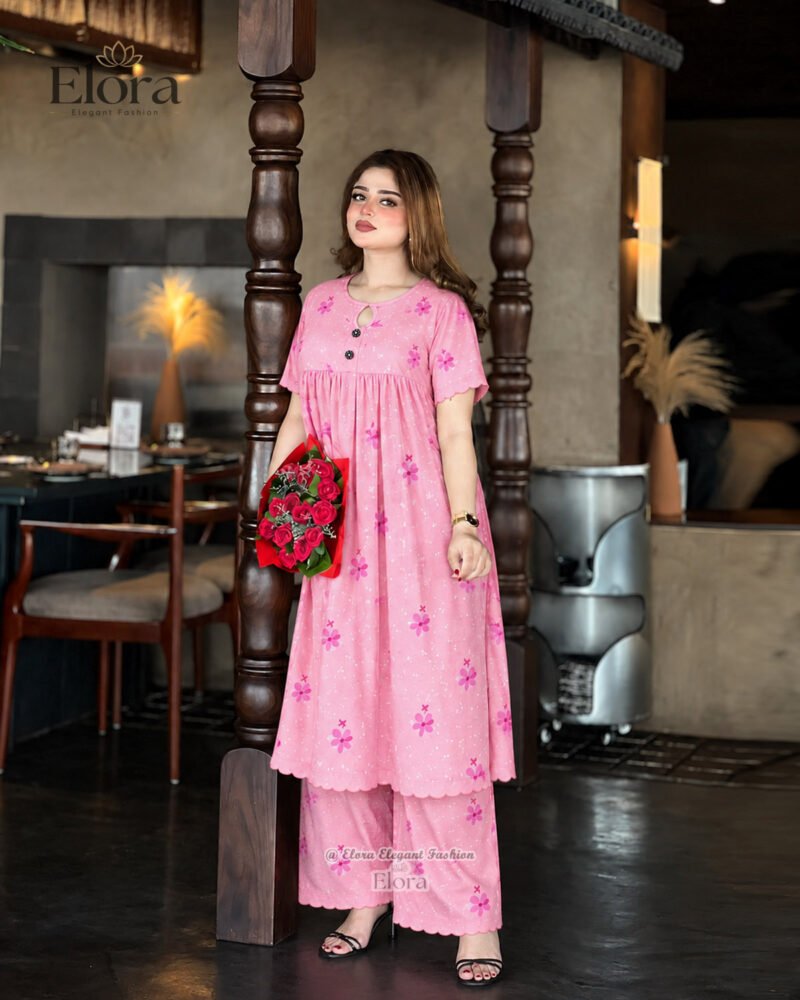 Elora Plus Size Floral Cotton Tunic Set with Plaju – Baby Pink