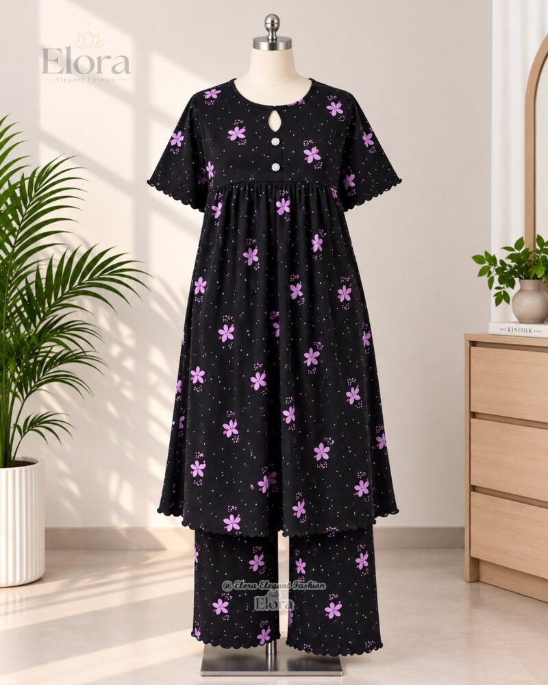 Elora Plus Size Floral Cotton Tunic Set with Plaju – Black - Image 2