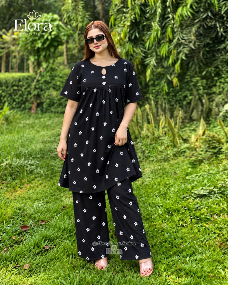 Elora Plus Size Floral Cotton Tunic Set with Plaju – Black Floral