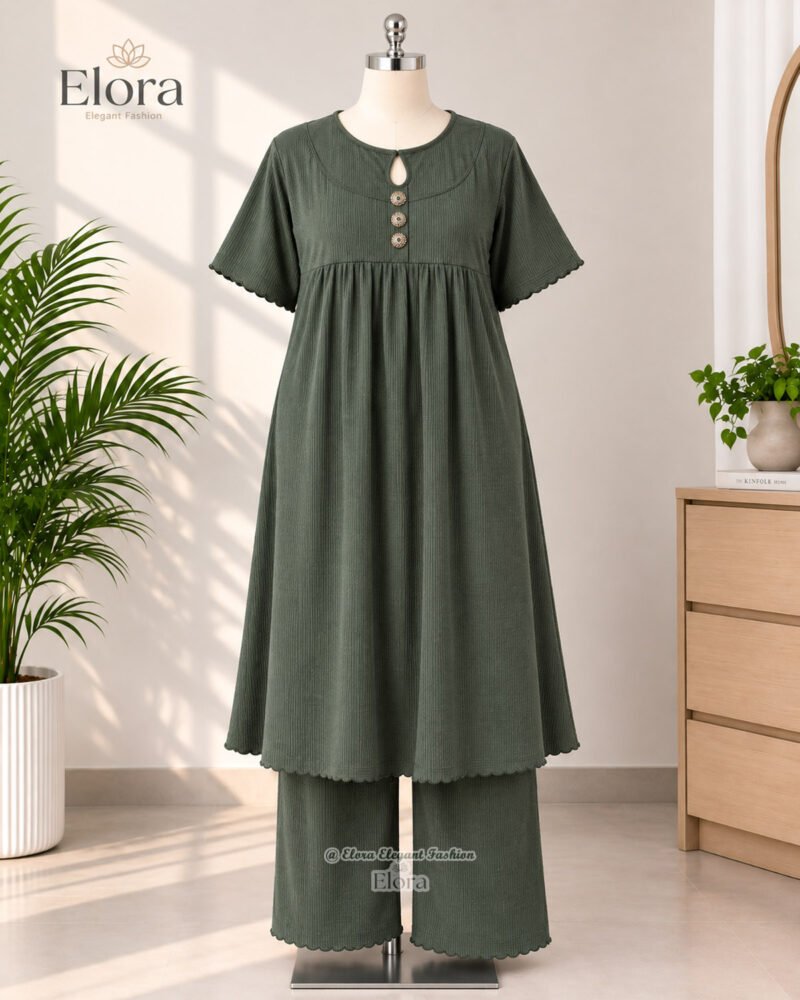 Elora Plus Size Ribbed Tunic Set with Plaju – Deep Olive Green