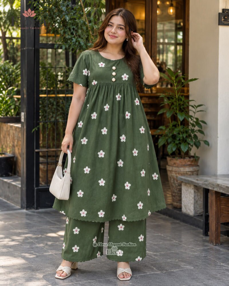 Elora Plus Size Floral CottonTunic Set with Plaju – Olive Green - Image 2