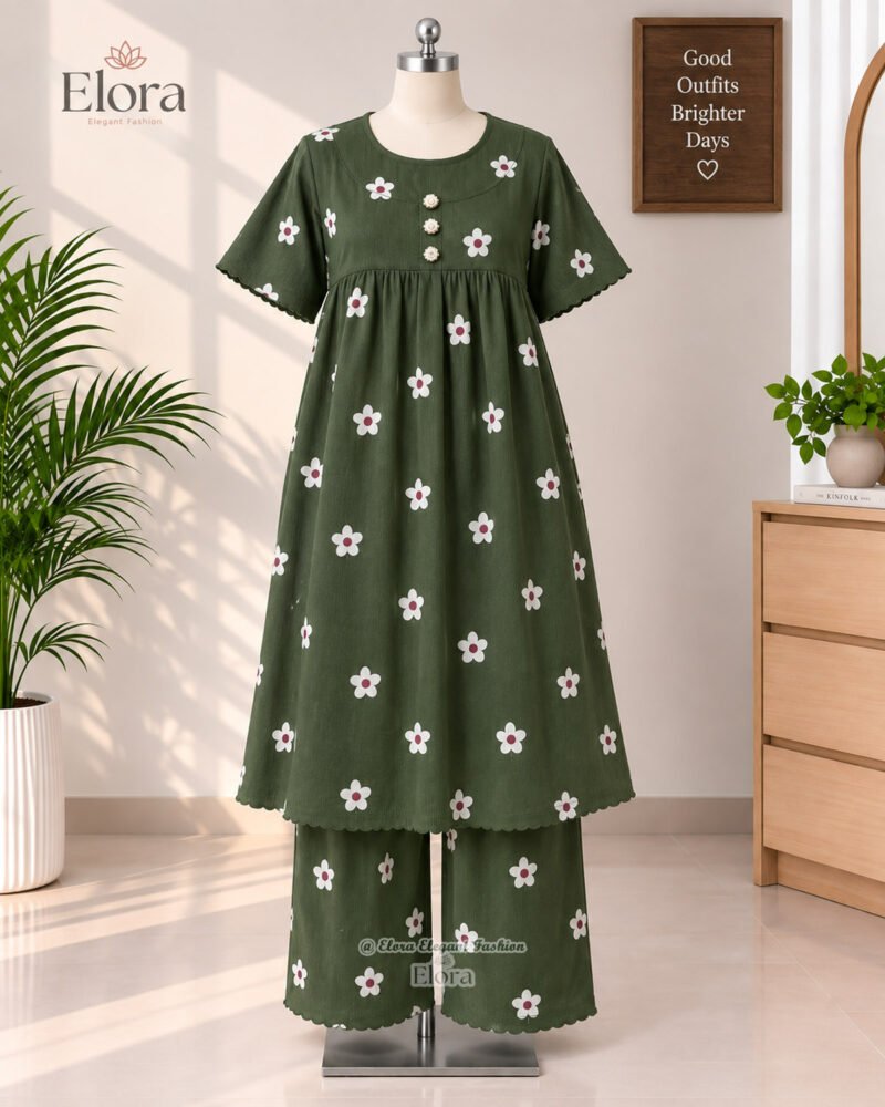 Elora Plus Size Floral CottonTunic Set with Plaju – Olive Green