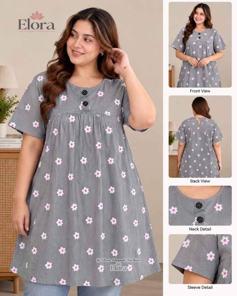 Elora Plus Size Floral Cotton Homewear Tunic Top – Slate Grey - Image 2