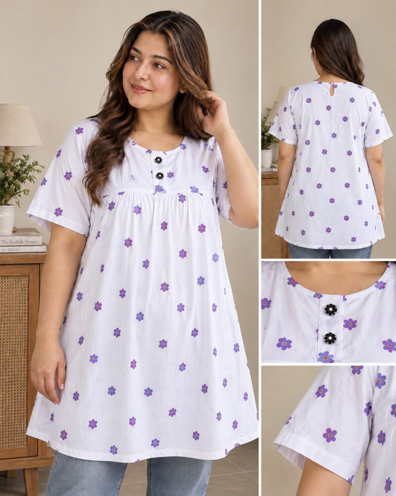 Elora Plus Size Floral Cotton Homewear Tunic Top – White - Image 2