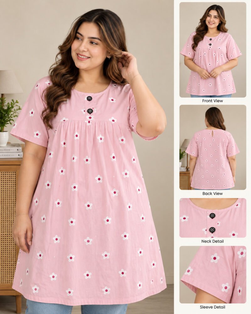 Elora Plus Size Floral Cotton Homewear Tunic Top – Baby Pink & White - Image 3