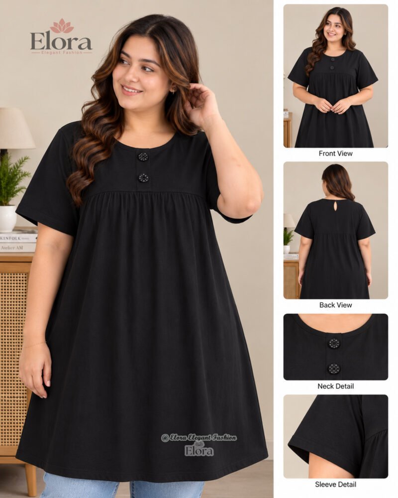 Elora Plus Size Solid Cotton Tunic Top – Black - Image 2