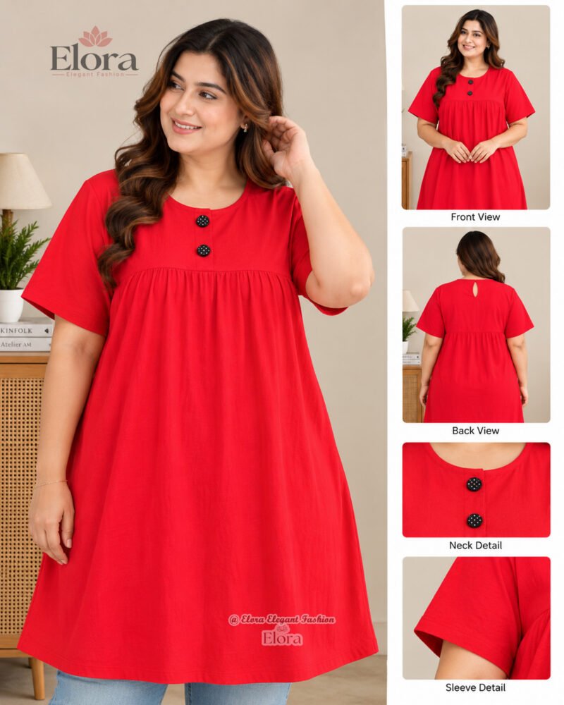 Elora Plus Size Solid Cotton Homewear Tunic Top – Crimson Red - Image 2