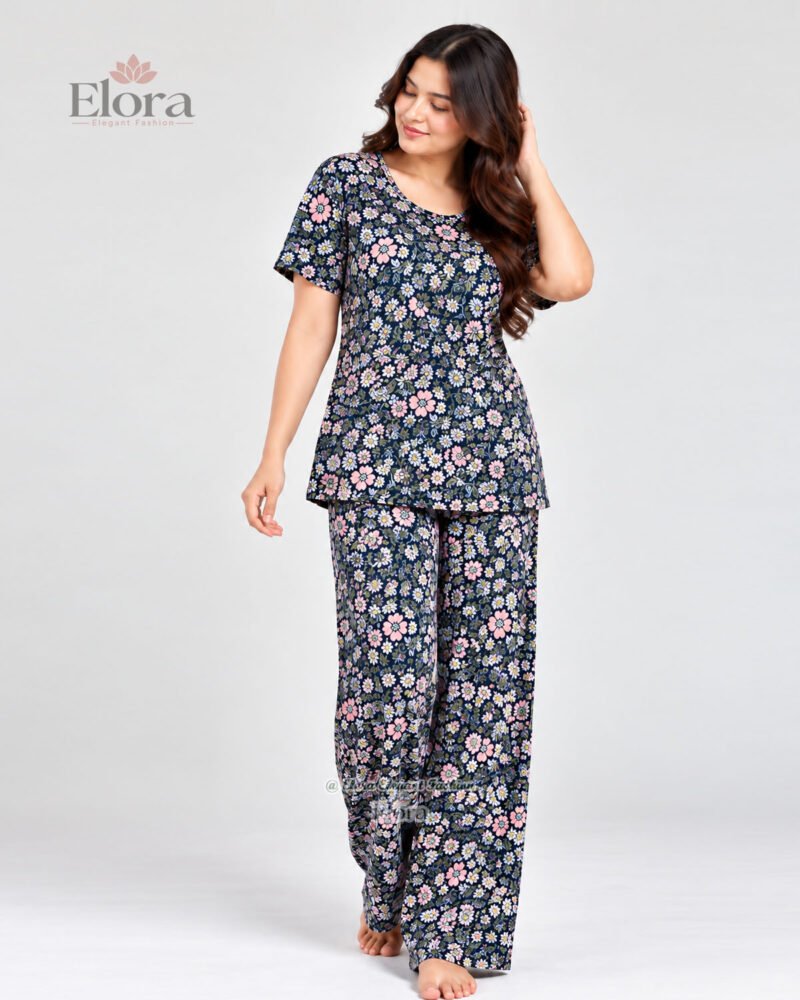 Elora Premium Floral Printed Genji Set – Navy Blue - Image 4