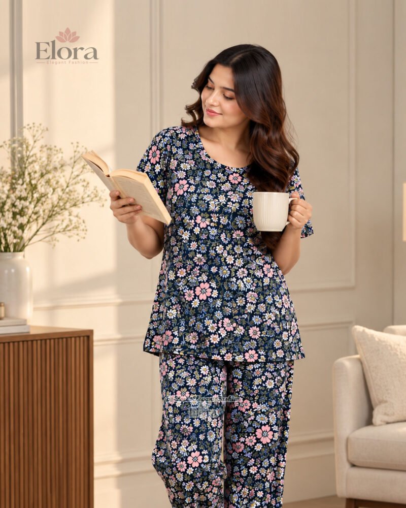 Elora Premium Floral Printed Genji Set – Navy Blue - Image 2
