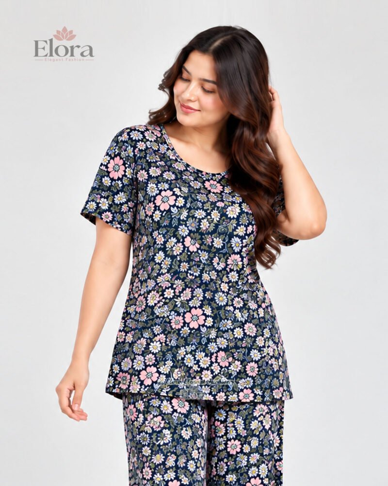 Elora Premium Floral Printed Genji Set – Navy Blue