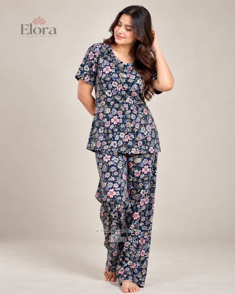 Elora Premium Floral Printed Genji Set – Navy Blue - Image 3