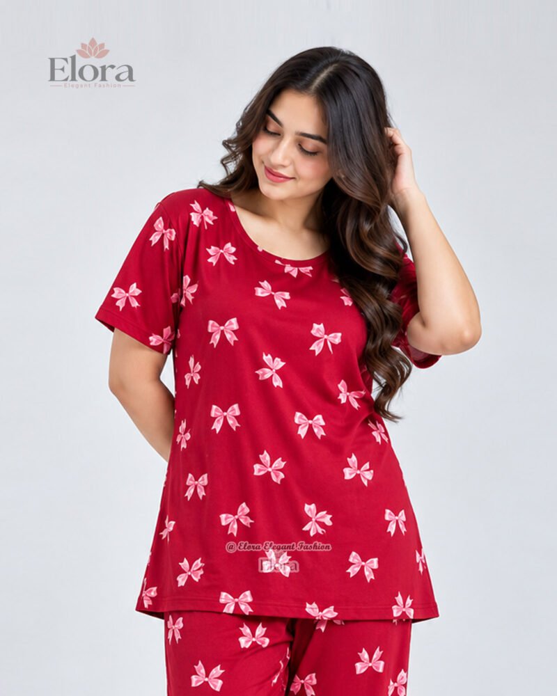 Premium Ribbon Bow Print 2-Piece Genji Set – Red