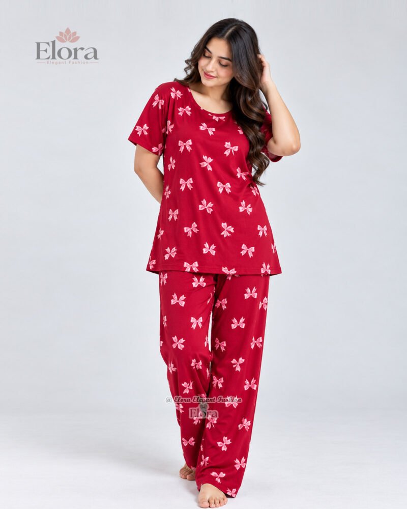 Premium Ribbon Bow Print 2-Piece Genji Set – Red - Image 2