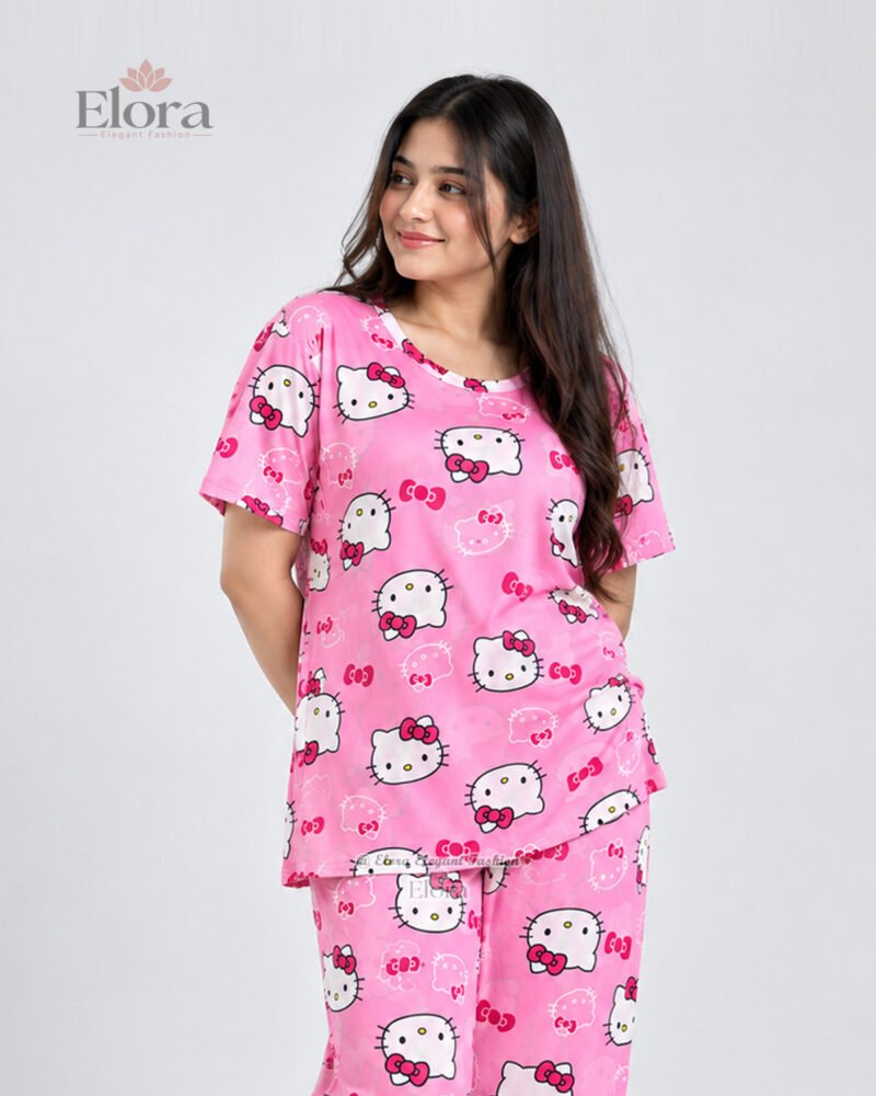 Elora PremiumCute Kitty Printed Genji Set – Bright Pink
