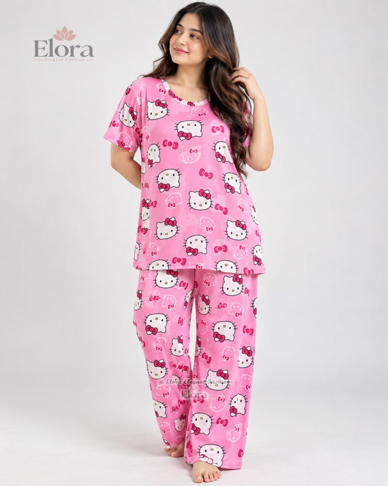 Elora PremiumCute Kitty Printed Genji Set – Bright Pink - Image 3