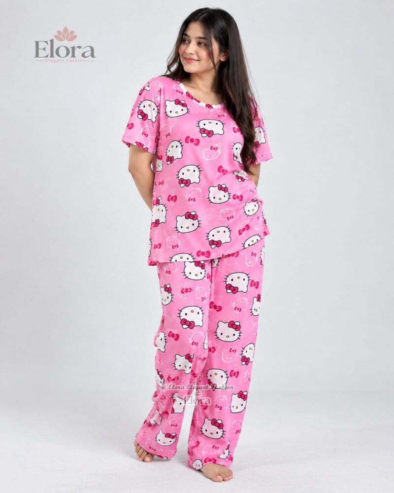 Elora PremiumCute Kitty Printed Genji Set – Bright Pink - Image 2