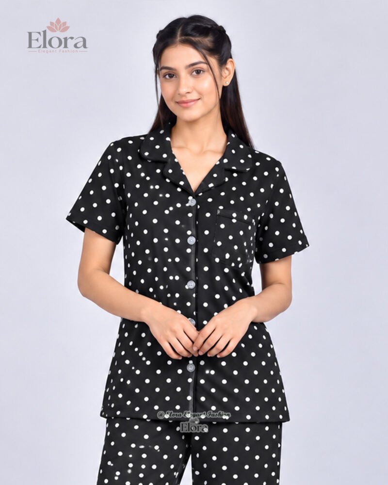 Elora Royal Black Pearl Polka Dot Pajama Set
