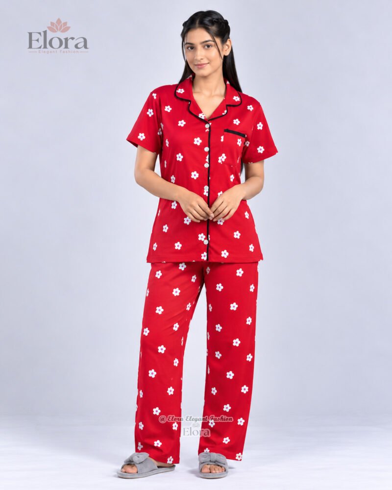 Premium Vibrant Red Micro Daisy Floral PJ Set - Image 2