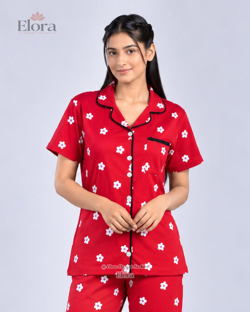 Premium Vibrant Red Micro Daisy Floral PJ Set
