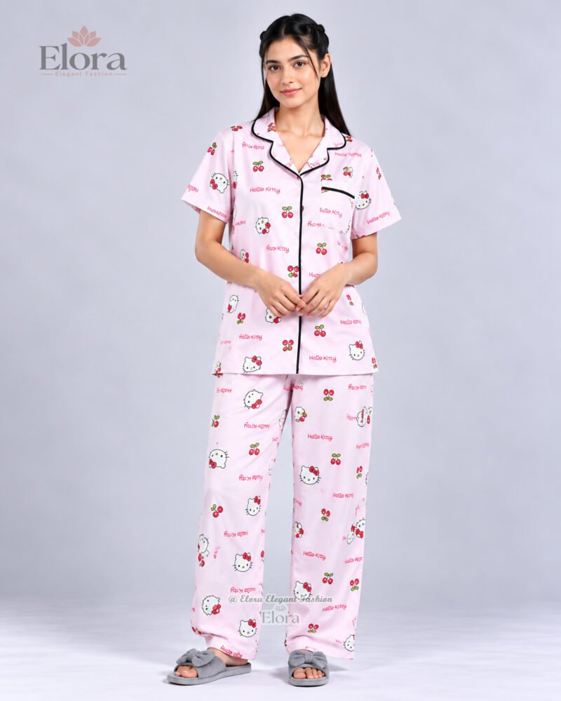Premium Soft Pink Whimsical Cherry Kitty PJ Set - Image 2