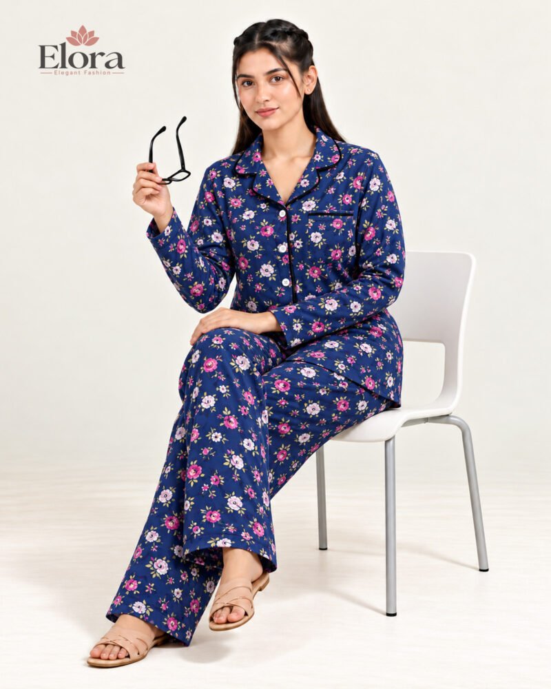Elora Midnight Sapphire Floral Full Sleeve PJ Set - Image 3