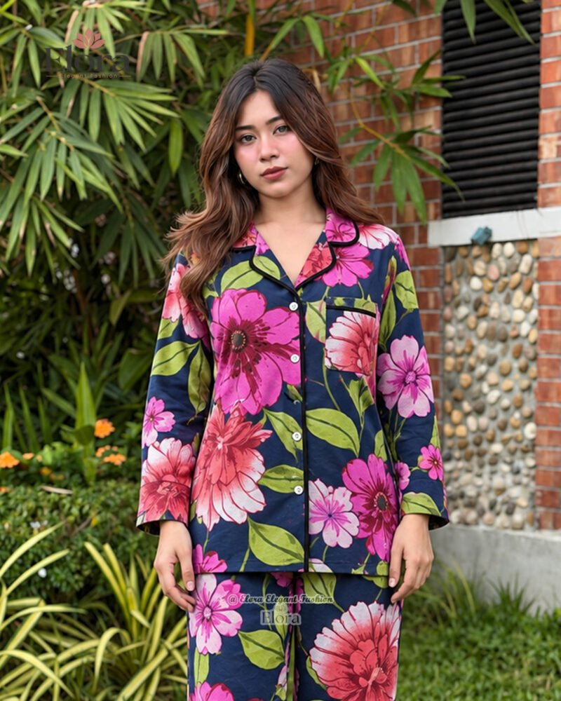 Elora Royal Navy Blossom Full Sleeve PJ Set