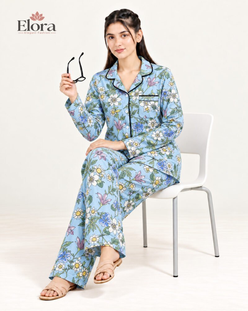 Elora Sky Blue Daisy Garden Premium Full Sleeve PJ Set - Image 3