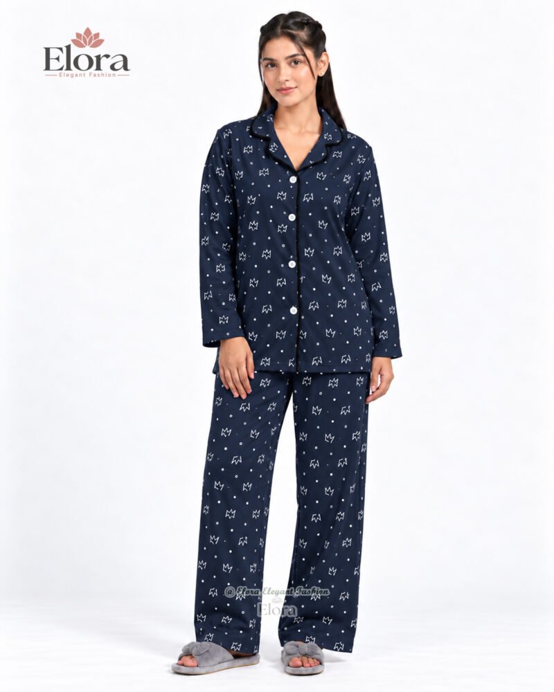 Elora Midnight Navy Starry Print Premium Full Sleeve PJ Set - Image 3
