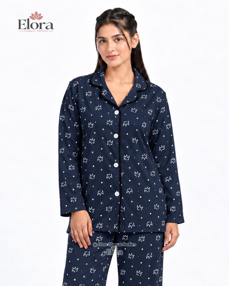 Elora Midnight Navy Starry Print Premium Full Sleeve PJ Set - Image 2