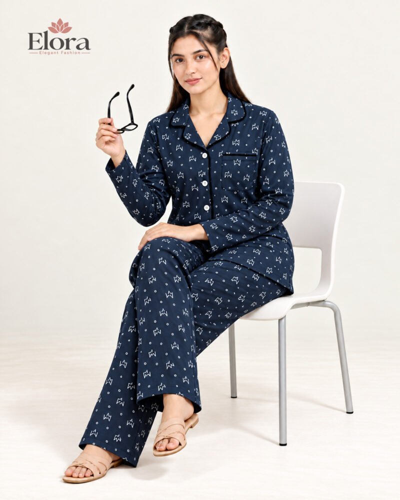 Elora Midnight Navy Starry Print Premium Full Sleeve PJ Set