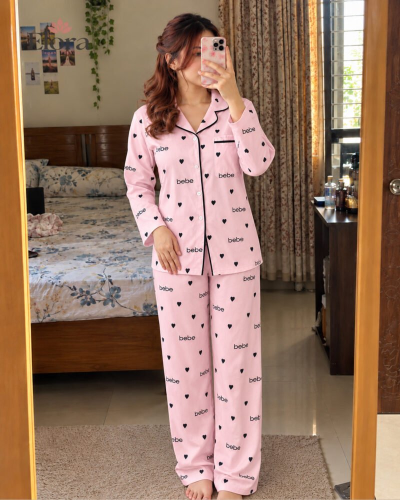 Elora Blush Pink Heart Print Premium Full Sleeve PJ Set - Image 2