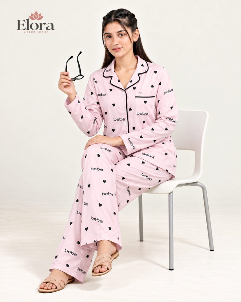 Elora Blush Pink Heart Print Premium Full Sleeve PJ Set